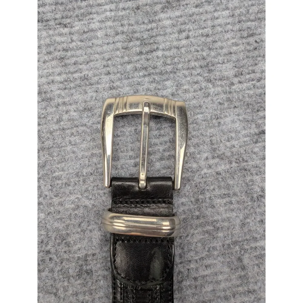 Mezlan Genuine Crocodile Belt Mens 34 Black Silver Tone Spain Quiet Luxury